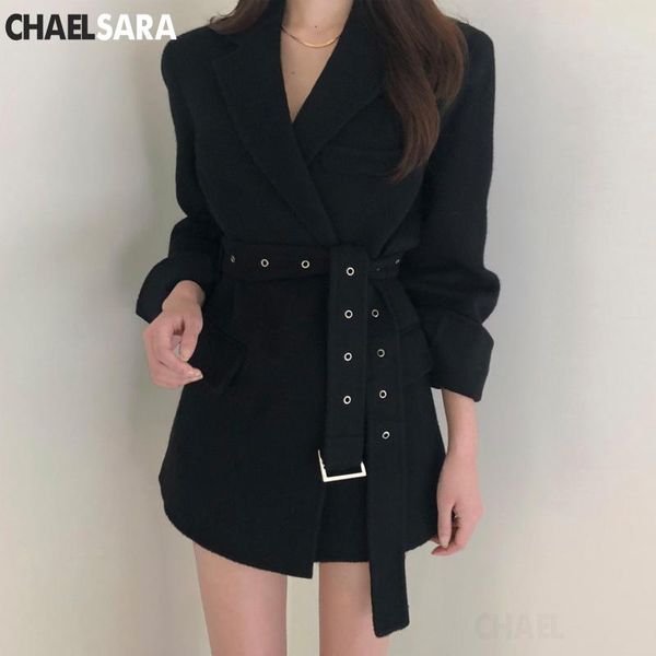 

women's suits & blazers fashion korea style black with belt blazer jacket women casual solid notched long sleeve autumn suit coat, White;black