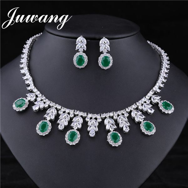 

juwang luxurious bling green crystal necklace earrings jewelry sets bridal cz tennis chain charms wedding choker for women 200923, Silver