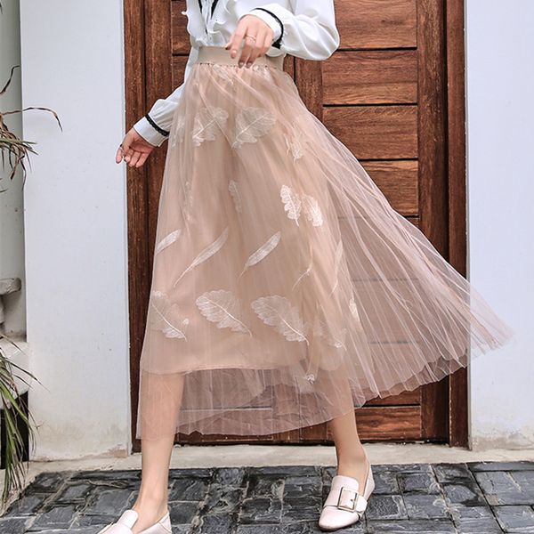 

2021 new young midi come spring summer ladies knit feather burnt embrodery tutu high female waist skirt sk3256 u5zh, Black