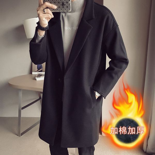 

winter windbreaker medium length loose coat young men's trend fall shoulder handsome woollen man, Tan;black
