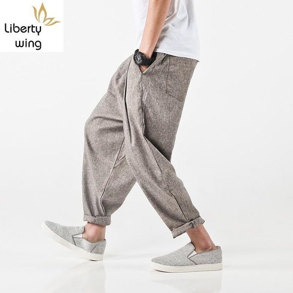 

casual loose drop crotch mens cotton linen summer quick dry sweatpants jogger streetwear male trousers hip hop baggy pants1, Black