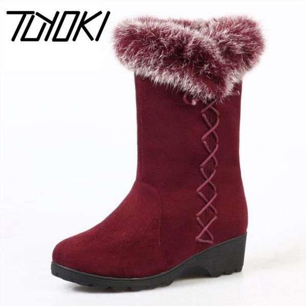 

tuyoki women winter snow boots thick fur mid calf boots cross strap woman shoes fashion sweet warm short size 34-39, Black