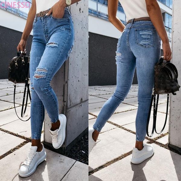 

women's jeans streetwear denim blue high waist woman vintage ripped holes for women pockets skinny pants female 2021