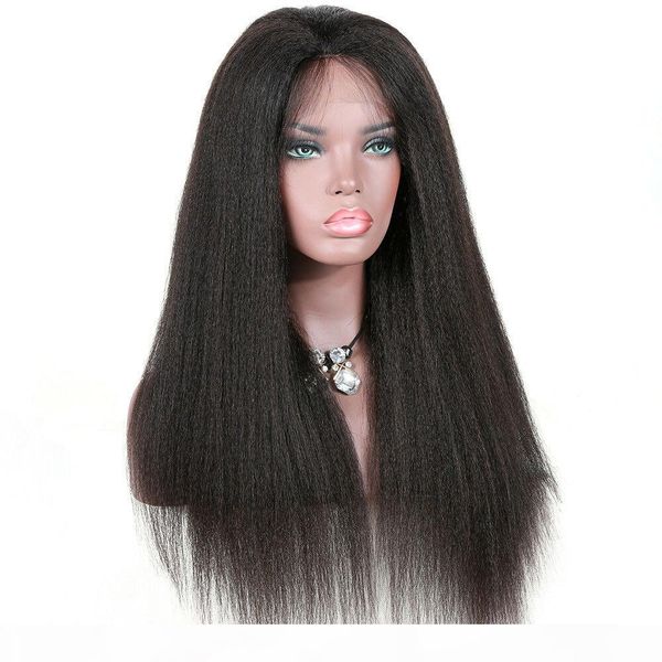 

light yaki human hair wigs full lace wig kinky straight virgin brazilian human hair lace front wig with baby hair, Black;brown