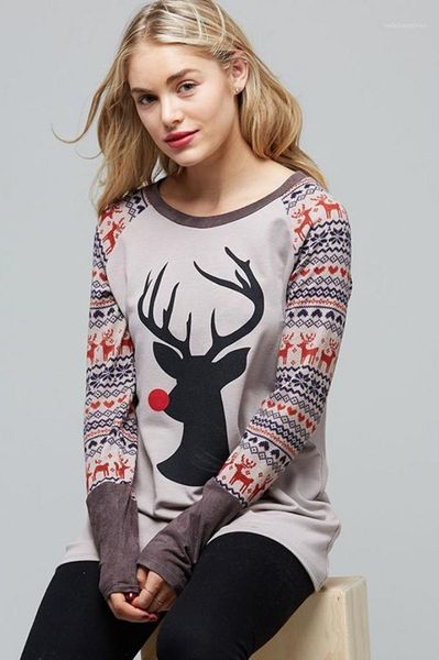 

casual elk pattern long sleeve tees designer female round neck loose laides christmas t-shirts autumn fashion trend, White