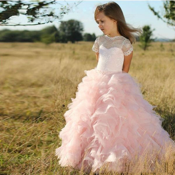 

cute pink tulle layered ruffles a line flower girls dresses short sleeves lace princess wedding party gowns for kids lovely girls 'dres, White;blue