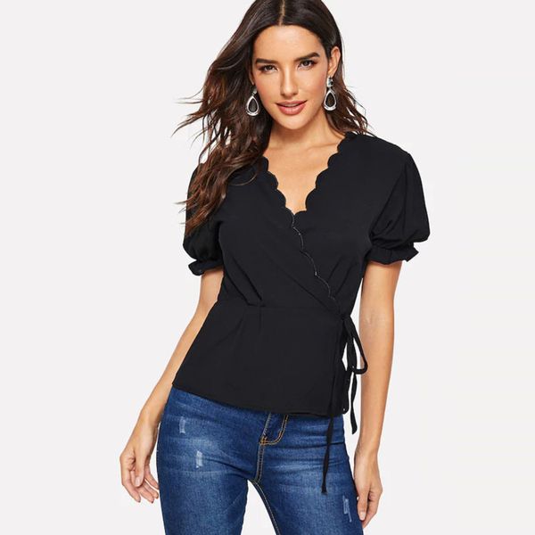 

bandage v-neck slim wind solid short bubble sleeve shirt t, Black;gray