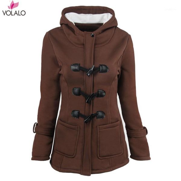 

volalo winter spring autumn women outdoor hooded horn leather buckle solid coat and jacket outwear plus size 6xl1, Black