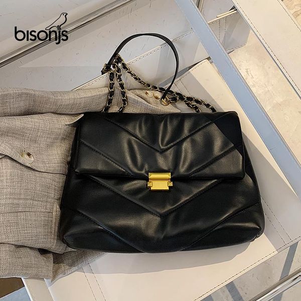 

bisonjs simple and large capacity pu soft leather handbag female 2020 new fashion women's designer chain shoulder messenger bag