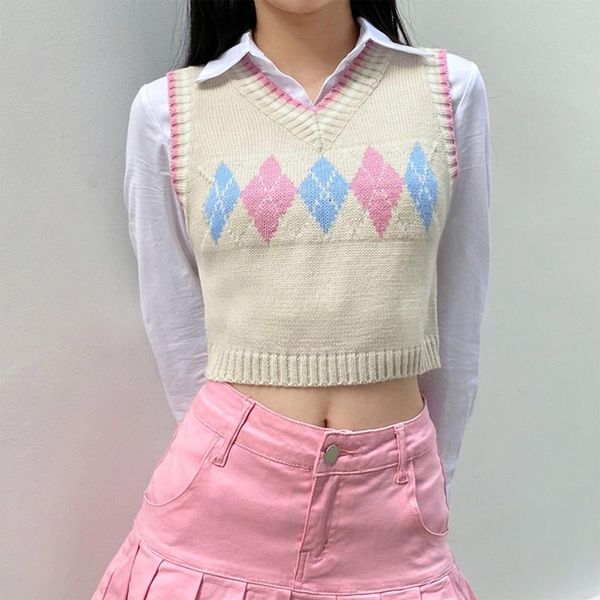 

women's vests women knitted sleeveless sweater candy color argyle plaid jacquard slim vest v-neck preppy style vintage jumper tank top, Black;white