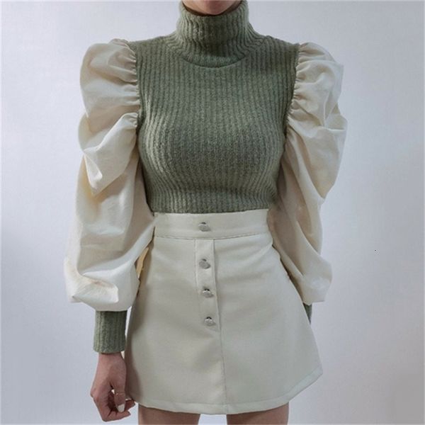

2021 new elegant women's knitted shirt high-standard pit retail puff sleeves knit jumper french style mesh g483, White;black
