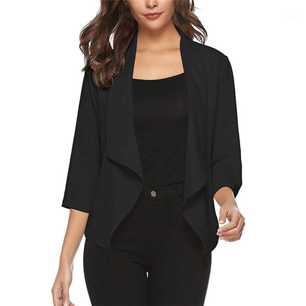 

office ladies elegant outwears women's open front light cardigan 3/4 sleeve thin chiffon blazer slim cool lady loose jackets1, Black;brown