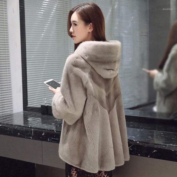 

winter new coat women's mid-length mink velvet hooded coat whole mink thickened imitation fur1, Black