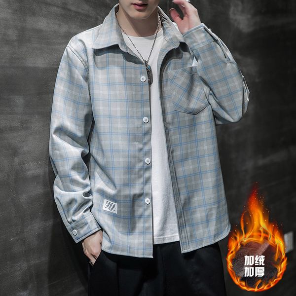 

men's long sleeve korean fashion plush thickened plaid shirt autumn casual handsome inch coat, White;black