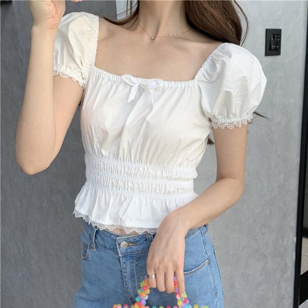 

women's blouses & shirts women white bow blouse short sleeve fashion lace patchwork cropped ladies 2021 summer solid slim clothes fema