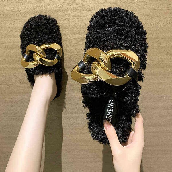 

2022 new brand design women slipper fashion gold chain slip on mules shoes winter warm lambswool slides casual flat flip flop y220221, Black