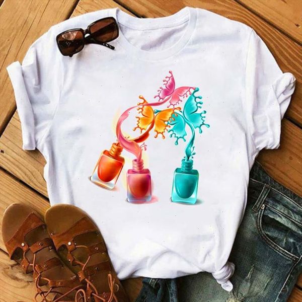 

harajuku aesthetic t shirt nail polish print female t shirt women 90s girl ullzang kawaii streetwear women shirts, White