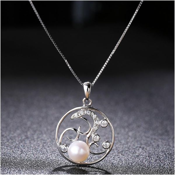 

hongye classic unique flower hollow out round pendants necklace zircon with freshwater pearls 925 sterling silver necklaces