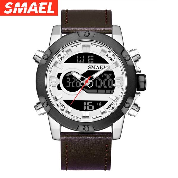 

smer new watch street outdoor sports multifunctional electronic watch men's waterproof leather watch, Slivery;brown
