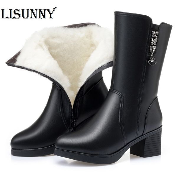 

boots women's long 2021 genuine leather winter thick fur warm australian wool large size snow women, Black