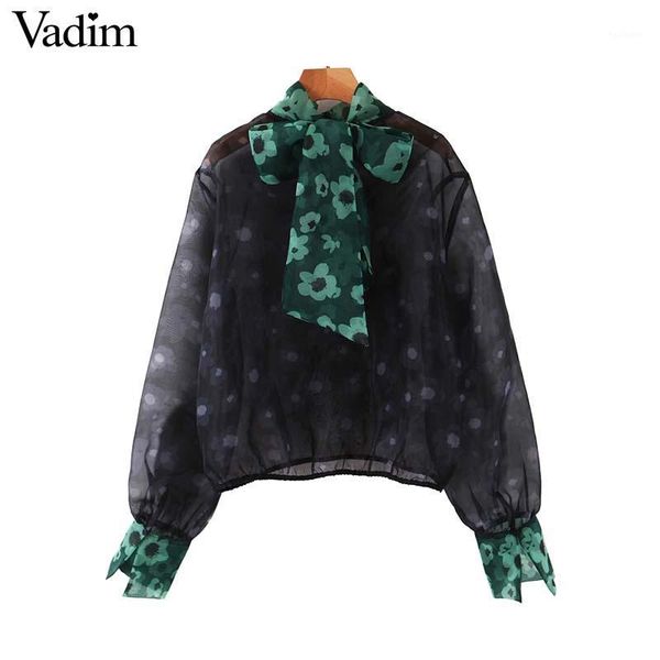 

vadim women chic dots print bow tie collar blouse organza lantern sleeve office wear female shirt see through blusas lb7391, White