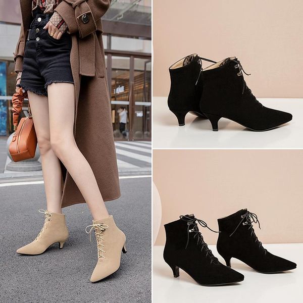 

fashion lace up ankle boots for women new 2021 casual pointed toe low heels women's ankle boots short shoes lady large size 48, Black