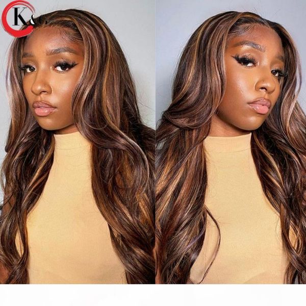 

kungang highlight t-part middle part lace front human hair wigs wave 150% density lace wigs with baby hair ratio non-remy, Black;brown