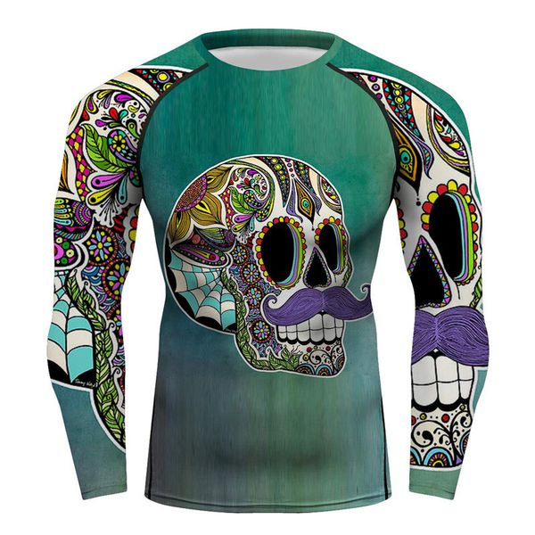 

men full printing floral skull t-shirt long sleeve sportswear rash guards men workout cycling running mma bjj no gi tee 201116, White;black
