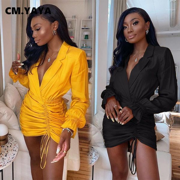 

cm.yaya women notched neck irregular long sleeve draped side bodycon midi dress club party pencil mini dresses 2021 new1, Black;gray
