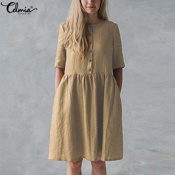 

5xl sundress 2020 women vintage cotton linen dress celmia summer plus size short sleeve button loose solid casual shirt vestidos1, Black;gray