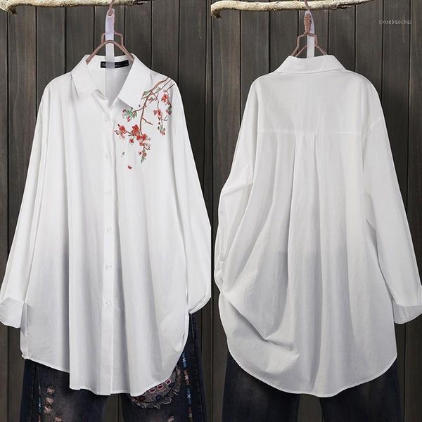 

plus size women's embroidery blouse zanzea 2020 vintage lapel shirts casual button down work blusas female floral tunic 5xl1, White