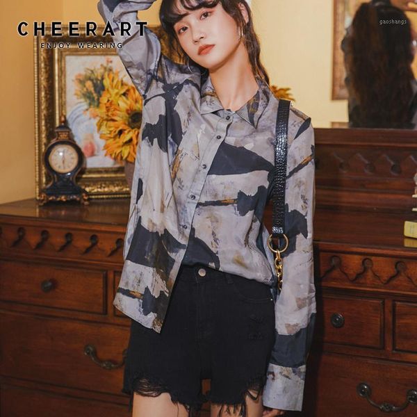 

cheerart fall 2020 women long sleeve blouse colorblock print button up collar shirt autumn designer clothing fashionable1, White