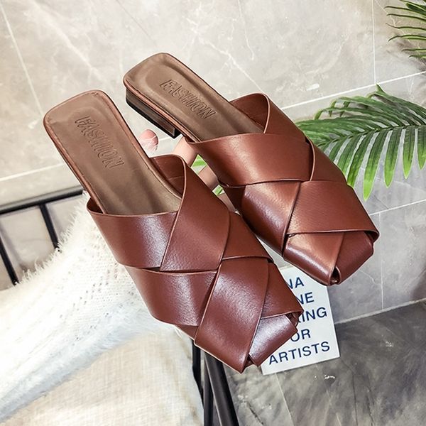 

high street summer women slippers fashion pu ladies mules low square heel slip-on ladies office shoes women slides x1020, Black