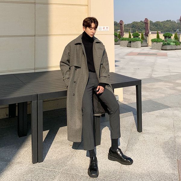 

male autumn 2021 new fine pure long thick woolen coat and young men's clothes c3q6, Tan;black