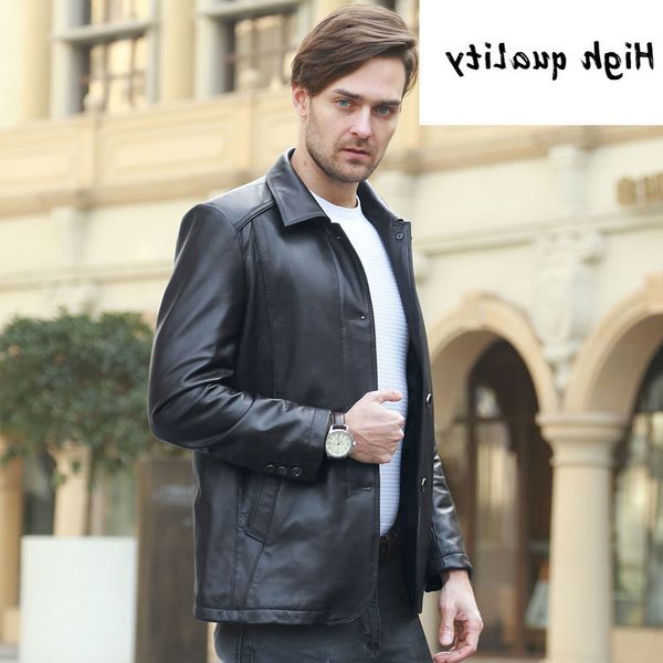 

leather mens real sheep for men turn-down collar solid casual loose men's jacket, Black;brown