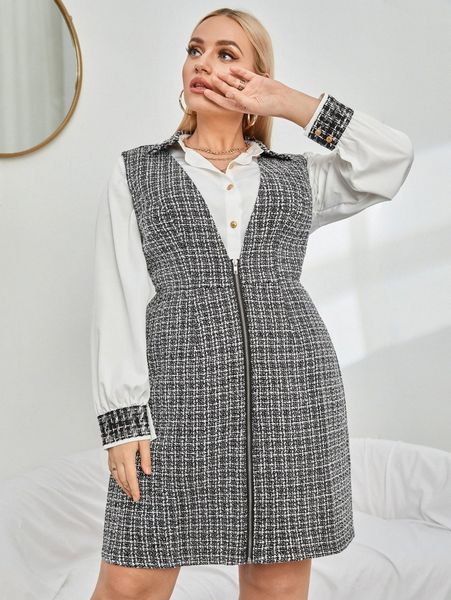 

plus zip up plaid tweed dress without blouse o3wb#, Black