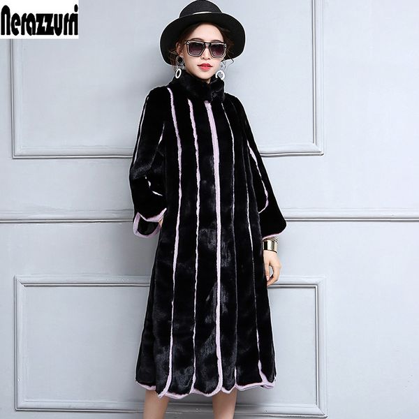 

nerazzurri winter long faux fur coat women black and purple contrast color striped patchwork plus size fake fur overcoat 5xl 6xl 201104