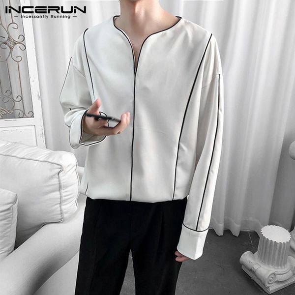 

incerun 2020 long sleeve loose brand shirts fashion men casual shirt korean chic v neck blouse color-block camisa plus size1, White;black