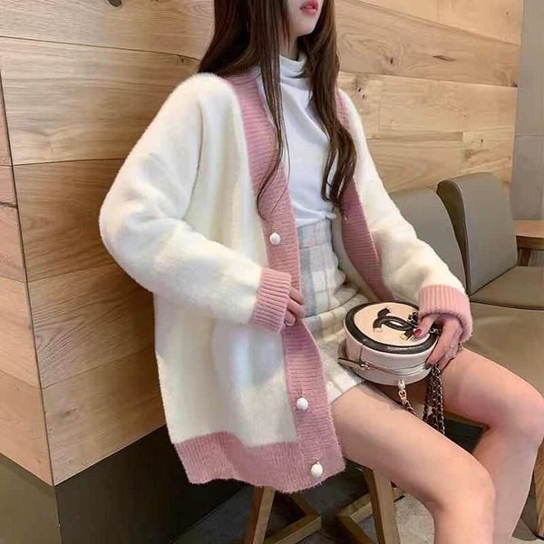 

qqjun autumn jacket sweater and winter new korean loose women mink sweater jacket for women lazy and sweet knitted cardigan for oversized 8l, White;black