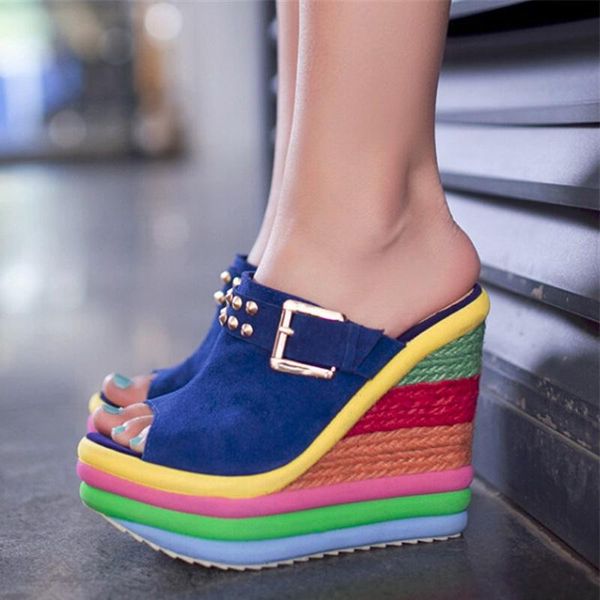 

2020 новый летний сексуальный bohemia повседневный радуга peep toe платформы сандалии женщин клинья sandalias plataforma обувь high y5263, Black