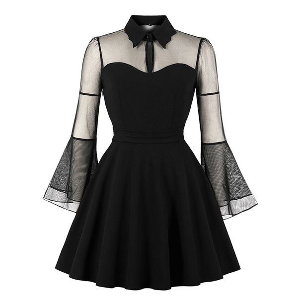 

halloween vintage see through mesh black dress women turn-down collar casual dress party festa costume, Black;gray