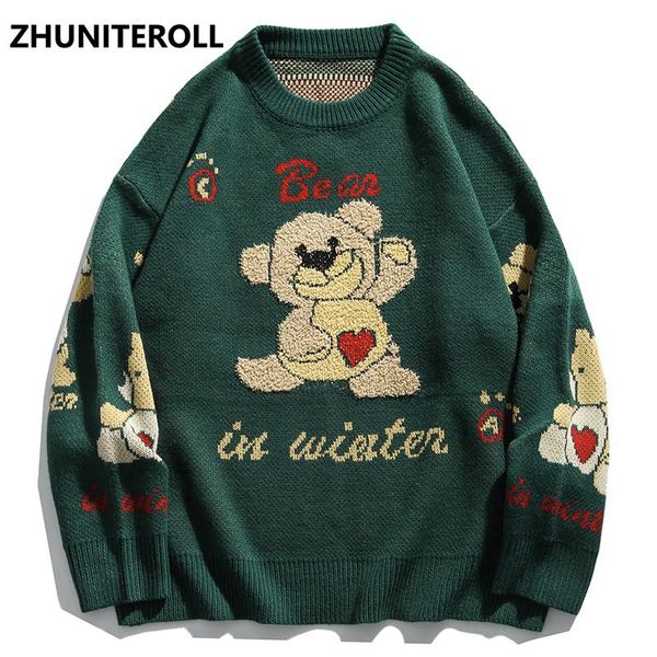 

cartoon bear knitted jumper streetwear mens hip hop harajuku pullover knitwear fashion knit outwear male couple sweaters, White;black