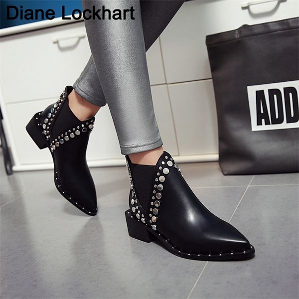 

rivets faux leather booties sequin thick heel black ankle women boots studded decorated woman boots motorcycle size 35-40 y200115