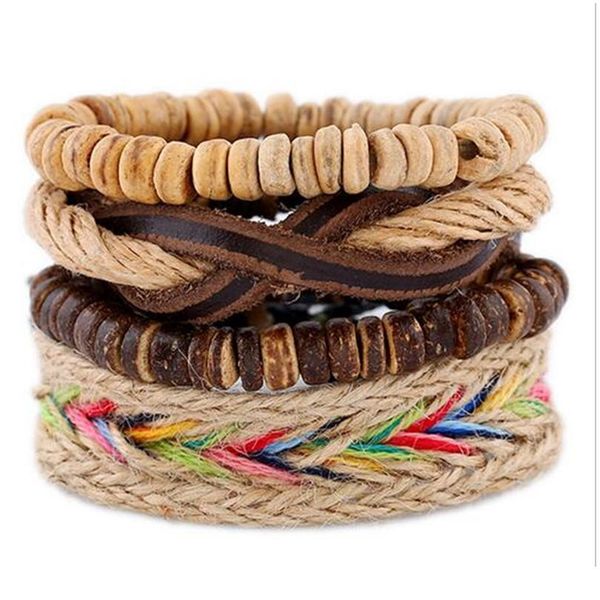 

4pcs vintage men's leather bracelet wood stone beads charm multilayer braided men bracelet pulseira masculina bbyavm, Golden;silver
