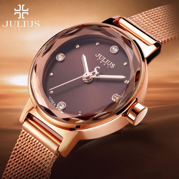 

julius brand women's watches waterproof stainless steel mesh quartz watch simple multi-cut surface mirror bracelet watch t200420, Slivery;brown