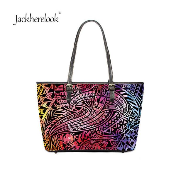 

jackherelook rainbow polynesian design women's pu leather handle shoulder bags gradient trendy tote daily hand bag bolsa