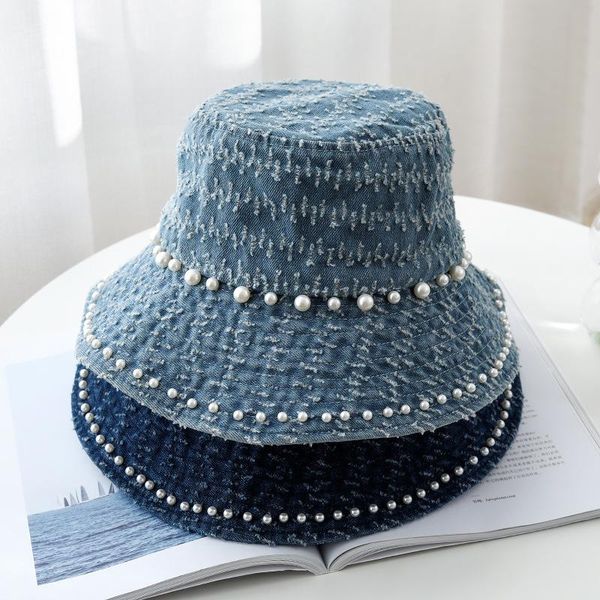 

wide brim hats ins hat female summer hole big sunbonnet korean fashion pearl denim fisherman sun protection bucket, Blue;gray