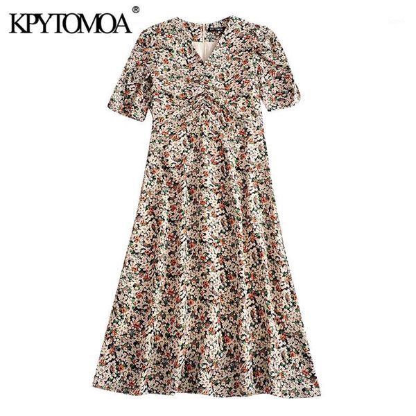 

kpytomoa women 2020 chic fashion floral print pleated midi dress vintage puff sleeve with lining back zipper female dresses1, Black;gray