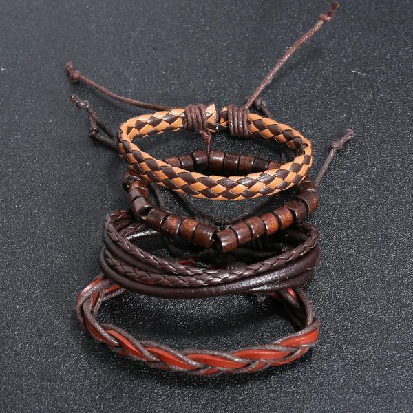 

eif dock 4pcs/set 2020 retro multi-layer brown wood beads pu leather wrap bracelets jewelry gift for men drop jllszt