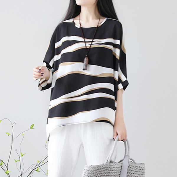 

shirts blouses women cotton linen striped o-neck short-sleeved loose -2xl plus size large size shirt 2021 female cloth new, White